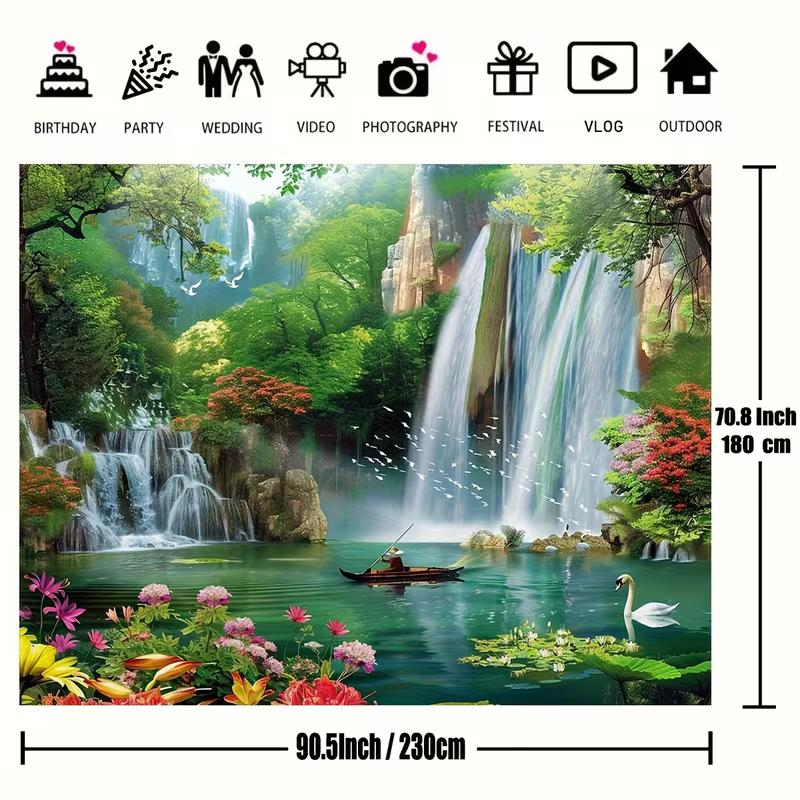 2D Nature Waterfall Backdrop, Green Forest Lake Swan Background for Parties