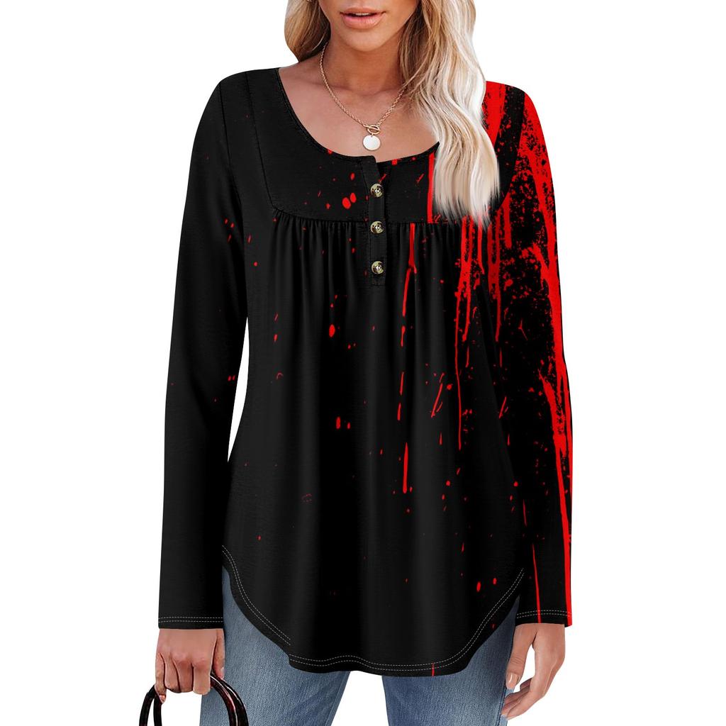 Женская туника с длинным рукавом, свободные топы, повседневные топы оверсайз, плиссированная туника, застегивающаяся на пуговицы, повседневные женские топы с принтом