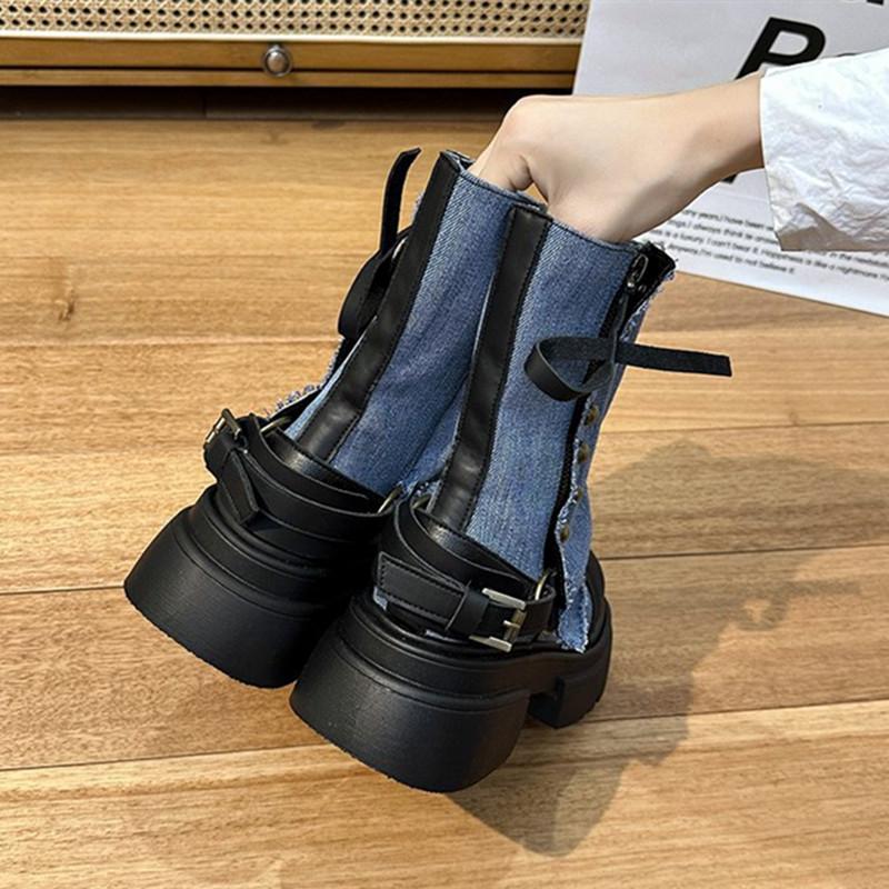 Модные парусиновые ботильоны женские 2024 осень массивный каблук толстые подошвы платформы сапоги дышащие ковбойские сапоги до середины икры для женщин
