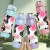 1PC Cow Pink Flower Spot Cartoon Print 750ml Color Plastic Sports Water Bottle Leakproof Flip Straw Lid Suitable for Sports Office Home Use