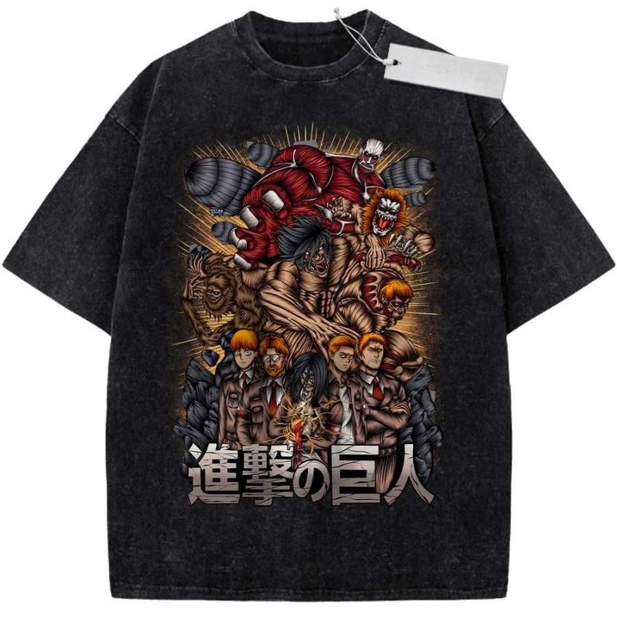 Unisex Washed Black Vintage Tshirt Attack on Titan Survey Corps Highquality Fabric for Home Leisure Travel Shopping