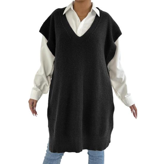 Женский свитер-жилет с V-образным вырезом, без рукавов, однотонный, вязаный, свободного кроя, с боковыми разрезами, повседневный свитер-жилет