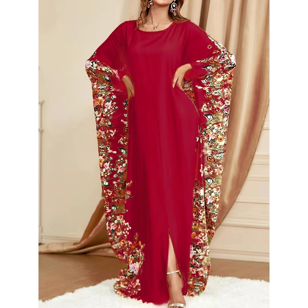 Ramadan Floral Print Crew Neck Kaftan, Elegant Batwing Sleeve Split Maxi Dress, Women's Clothing