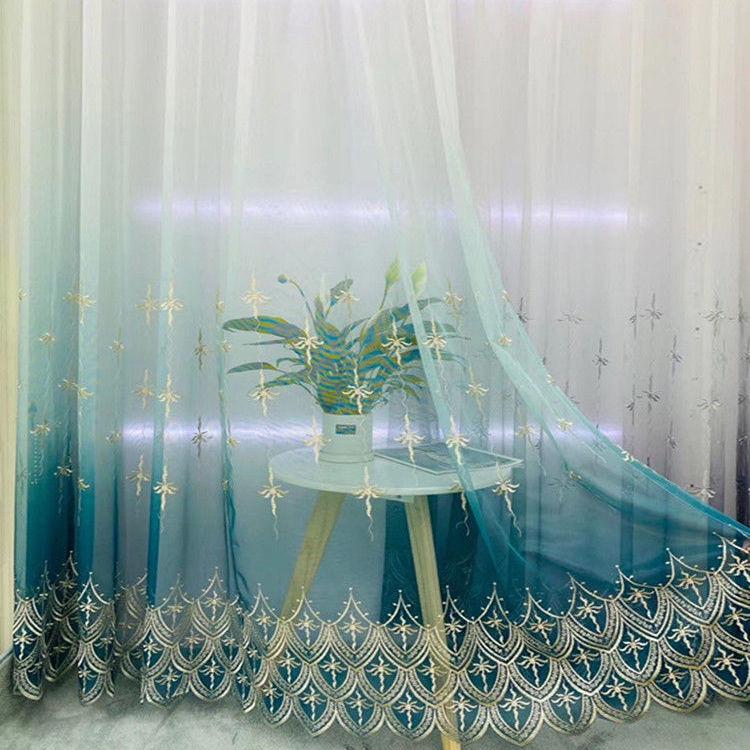 Flower Golden Embroidered Sheer Voile Curtain with Top Lace Valance, Suitable for Living Room, Bedroom, Kitchen Home Decor