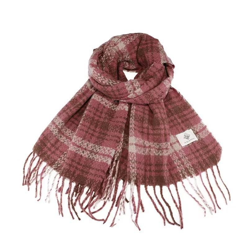 Winter Dry Rose Pink Plaid Scarf Women's Atmosphere Thickened Warm Shawl White Soft Fringed Scarf