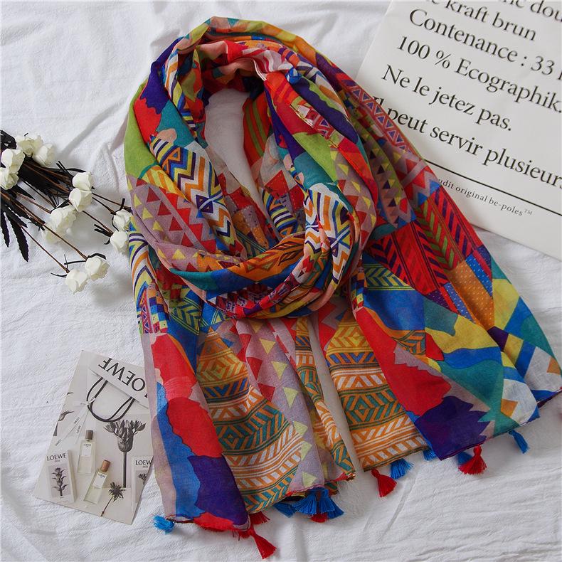 Colorful Geometric Cotton-Linen Scarf: Retro Ethnic Style Beach Shawl