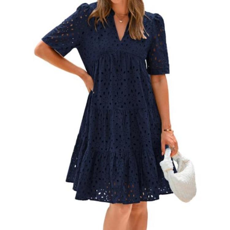 Summer Women's Flowy V-Neck Sundress Casual Hollow Out Midi Dress A-Line Tiered Eyelet Short Sleeve Beach Dress