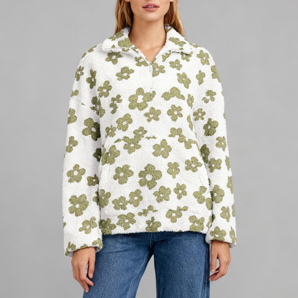 Женский модный свитшот с круглым вырезом, длинными рукавами, милым цветочным принтом, свободного кроя, с карманом на молнии, теплый, с капюшоном