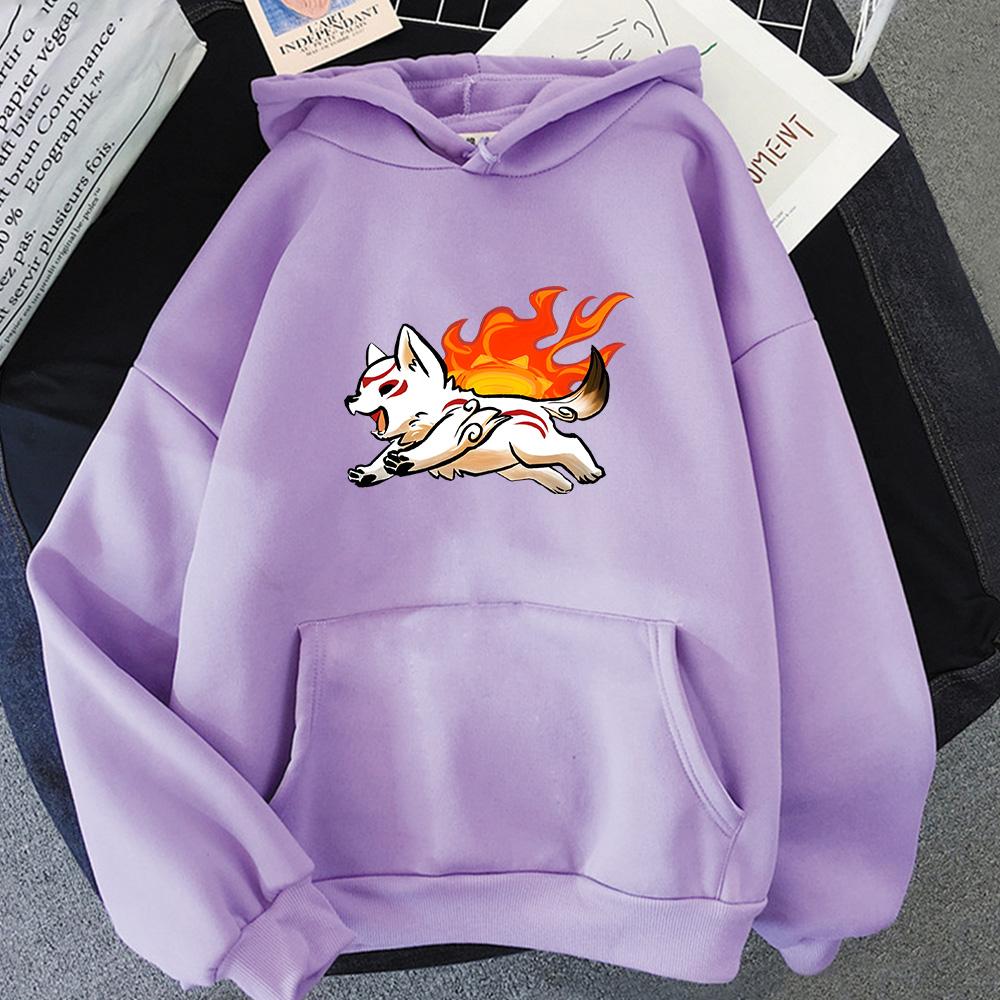 Свитшот Okami с милым мультяшным волком, толстовка с капюшоном, повседневный мужской/женский пуловер с длинным рукавом, зимняя флисовая одежда, свободный размер, толстовка Sudadera
