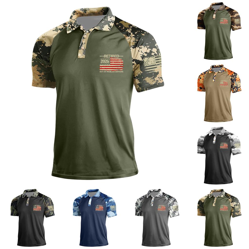 Men’s Polo Shirt with Camouflage Print Short Sleeves Flag Graphic Button Collar Casual Fit Retired 2026 Design