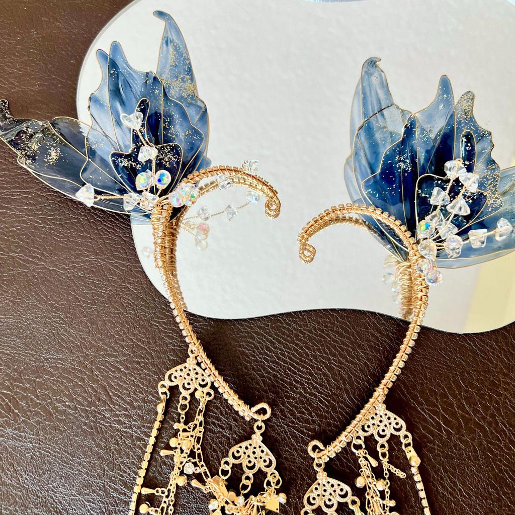 Ancient Xianxia Blue and Black Hanfu Hairpin and Gold Tassel Crown Set for Film and Photography
