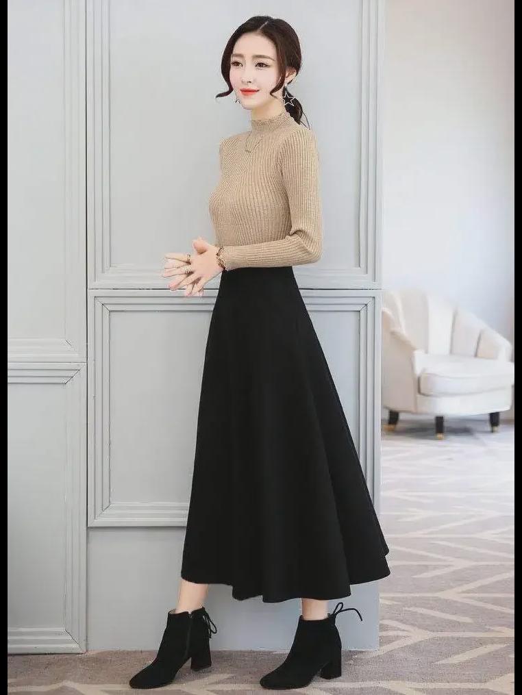 Юбка средней длины с высокой талией в корейском стиле для женщин на резинке