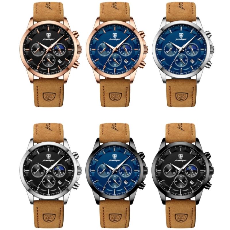 Новейшие модные спортивные часы, многофункциональные стрелки, водонепроницаемый светящийся кожаный ремешок, три дисплея с календарем, роскошные мужские часы