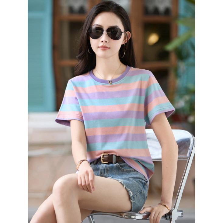 Женская летняя синяя полосатая повседневная хлопковая футболка с круглым вырезом и коротким рукавом, простые модные топы большого размера с анимированным цифровым принтом