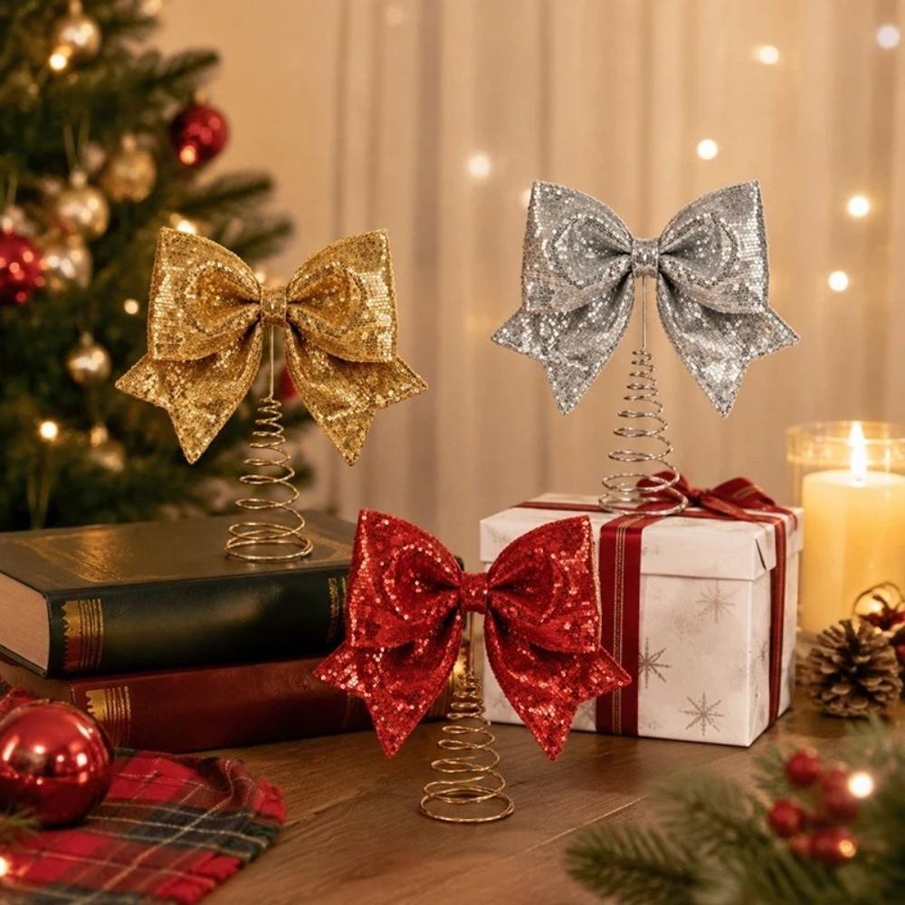 Cloth Sequin Bow Tree Topper Shiny Christmas Tree Top Decoration Holiday Gift
