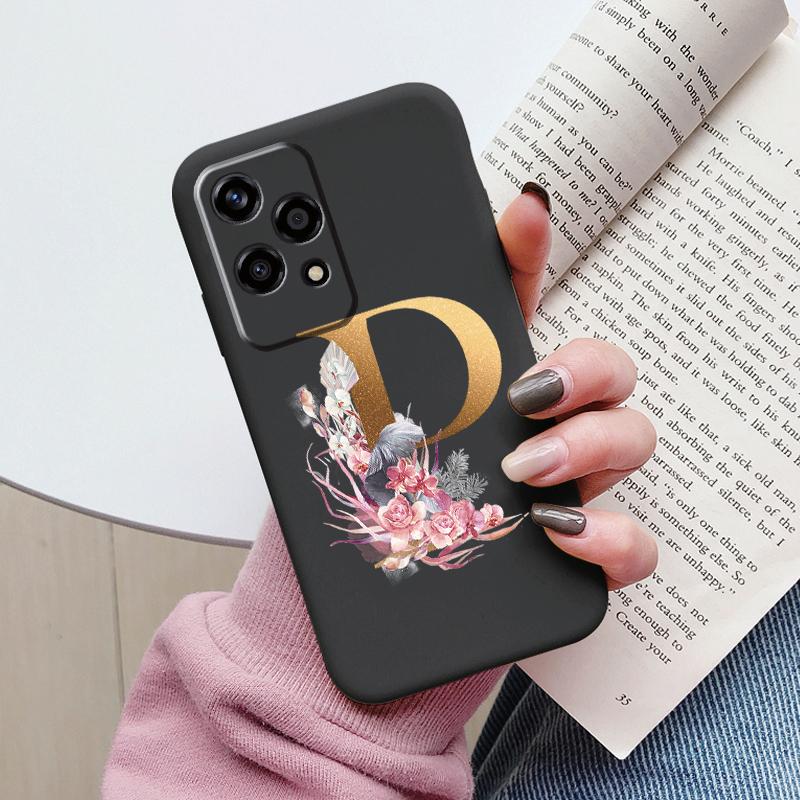 Золотой Чехол-Буквы Для Honor 200 Pro Lite Умный Черный Чехол Мягкая Крышка Для Honor 200Lite Защитный Ударопрочный Funda Розовый Цветок