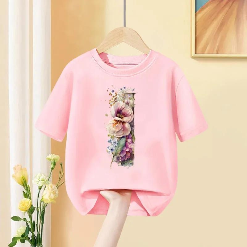 Девочки Футболка С Пользовательским Именем Комбинация Букв Принт Футболка Цветочный Буквенный Шрифт A B C D E F G Короткий Рукав Детские Розовые Топы
