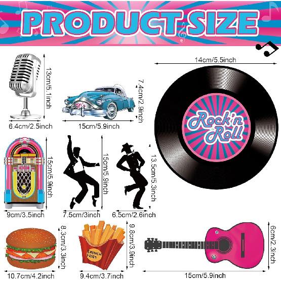 Eaasty 48 шт. Декорации для вечеринки в стиле рок-н-ролл Ретро-декор для вечеринки 50-х годов Вырезки с музыкальными пластинками 1950-х Декор для sock hop Фон в стиле «Бриолин»