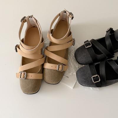 Версия из овчины~ ретро квадратный носок нишевый крест пряжка-одна-слово спортивная подошва балетки женские универсальные туфли-лодочки