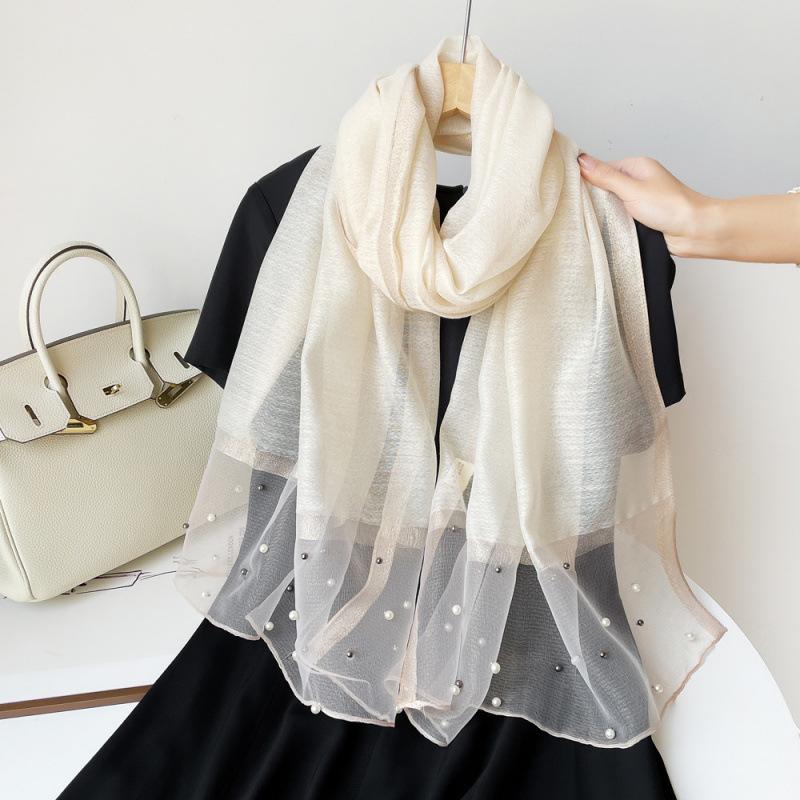 Новый однотонный шелковый шарф с жемчужным узором для женщин на весну и лето, европейский и американский искусственный шелк, тонкая шаль, длинный шарф