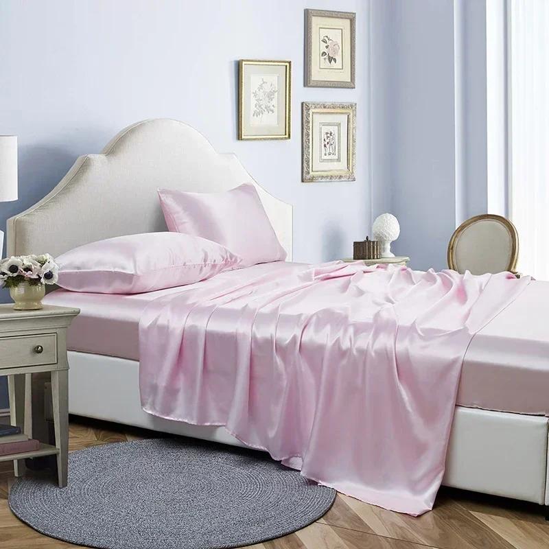 Luxury Satin Fabric Queen Size Bed Sheets Set King High Quality Fitted Sheet Flat Sheet Pillowcase Solid Bed Set Bedsheet Sets