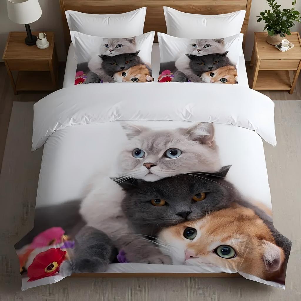 Милый Постельный Комплект с 3D-принтом Трех Котят для Ребенка Подростка Взрослого Животный Стиль Пододеяльник Мягкий Удобный Домашний Полиэстеровый Чехол для Одеяла