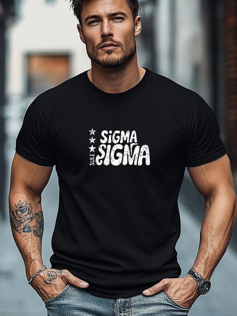 Plus-Size Men'S T-Shirt, Relaxed And Casual, Easy And Clean, Featuring a Sigma Design for Summer Leisure with a Short Round Neck, Plus Size