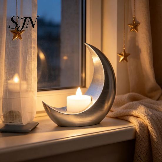 Ramadan Home Decorations Crescent Moon LED Candle, Decorative Electronic Candle for Eid Al-Fitr Night Light Table Decor, Battery Operated Flameless