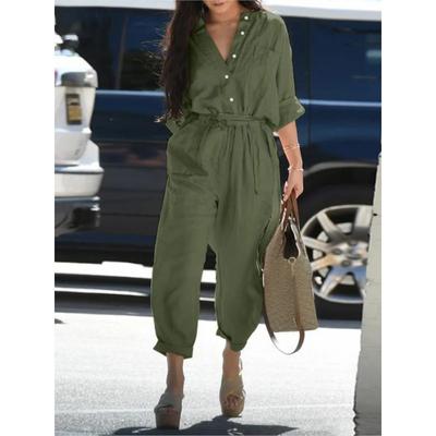 Осенний новый женский комбинезон из хлопка и льна, однотонный, с длинными рукавами, на пуговицах, с высокой талией, на шнуровке, повседневный, винтажный, женский комбинезон