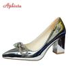 Fashion Aphixta Fashion Bling Champagne 7cm Chunky Heels Pumps Women Shoes Luxury Crystals Sun Buckle Party Wedding Super Big Size 30-50