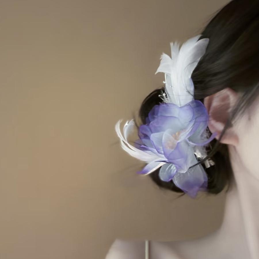 Fabric Flower Feather Side Hairpin Fashion Temperament Duck Bill Clip Fresh and Sweet Atmosphere Hair Accessories Headgear