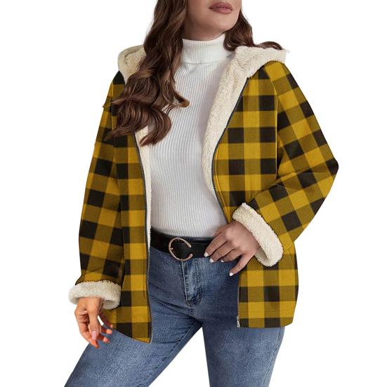 Women's Sherpa Plaid Shacket Long Sleeve Fleece Lined Jacket Oversized Warm Zip Up Hooded Coat Winter Outerwear