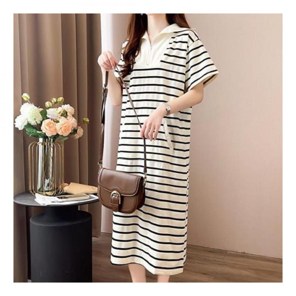 Navava Women No780 Stripe Zip Collar Short Sleeve Dress