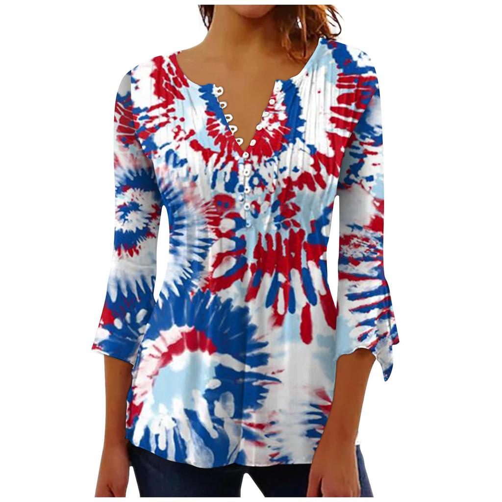 Женская модная футболка с короткими рукавами и v-образным вырезом с принтом ко Дню независимости с седьмым рукавом