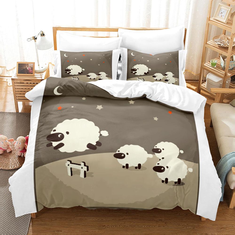 Комплект постельного белья с изображением животных, мультяшный узор в виде белой овцы, кавайный, King Queen Twin, полный размер для детей и подростков, комплект постельного белья из полиэстера