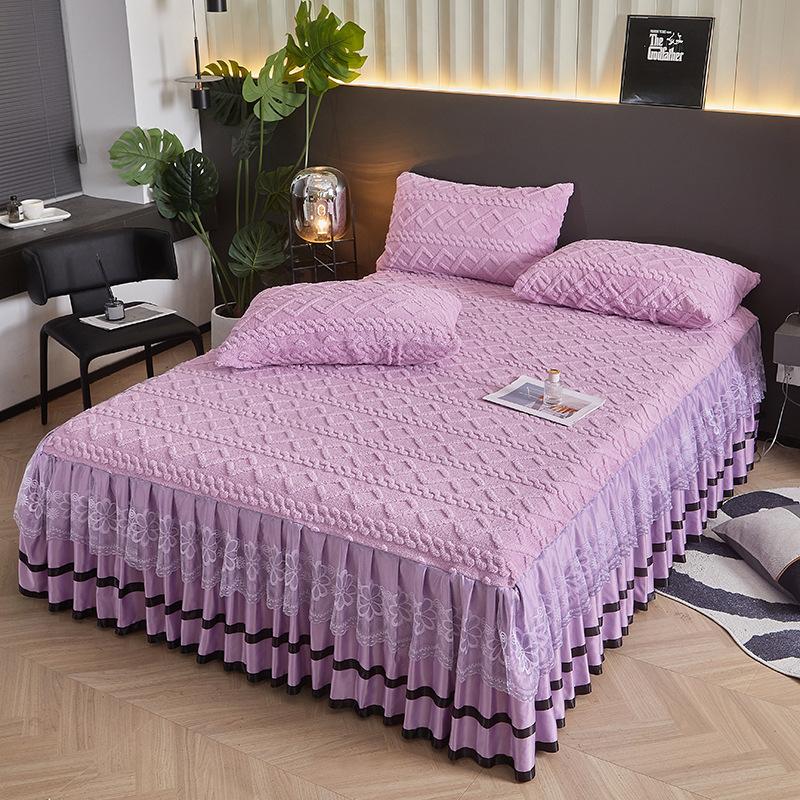 Autumn Winter New Taffeta Single Bed Skirt French Lace Trim Fleece Thickened Coral Fleece Bed Cover