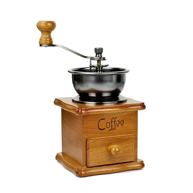 1Pcs Vintage Manual Coffee Grinder Home Hand Crank Coffee Bean Grinder Wood Vintage Style Profession Barista Coffee Accessories