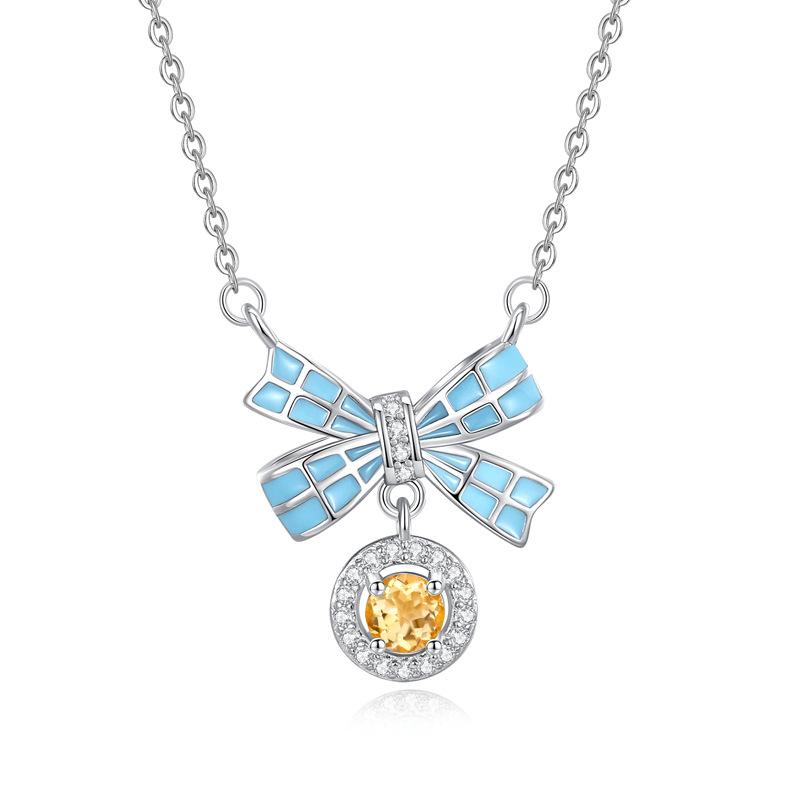 Women's S925 Sterling Silver Bow Knot Necklace Natural Amethyst Citrine Zircon Enamel Clavicle Chain Jewelry
