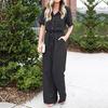 Womens Summer Casual Solid Color V-neck Short Sleeve Rompers Wide Leg Trousers