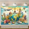 2D Flat Party Backdrop Banner - World Famous Landmarks & Travel Elements, Polyester Photo Background for Indoor/Outdoor Party & Photo Booth Decor