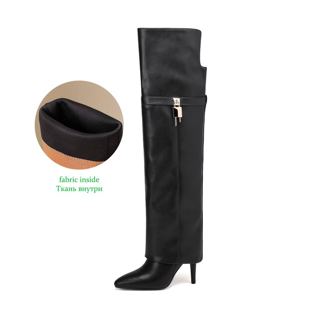 Krazing Pot Cow Split Skin Microfiber Pointed Toe Thin High Heels Size 46 Size 45 Slip On Plus Size Women Keep Warm Over-the-knee Boots