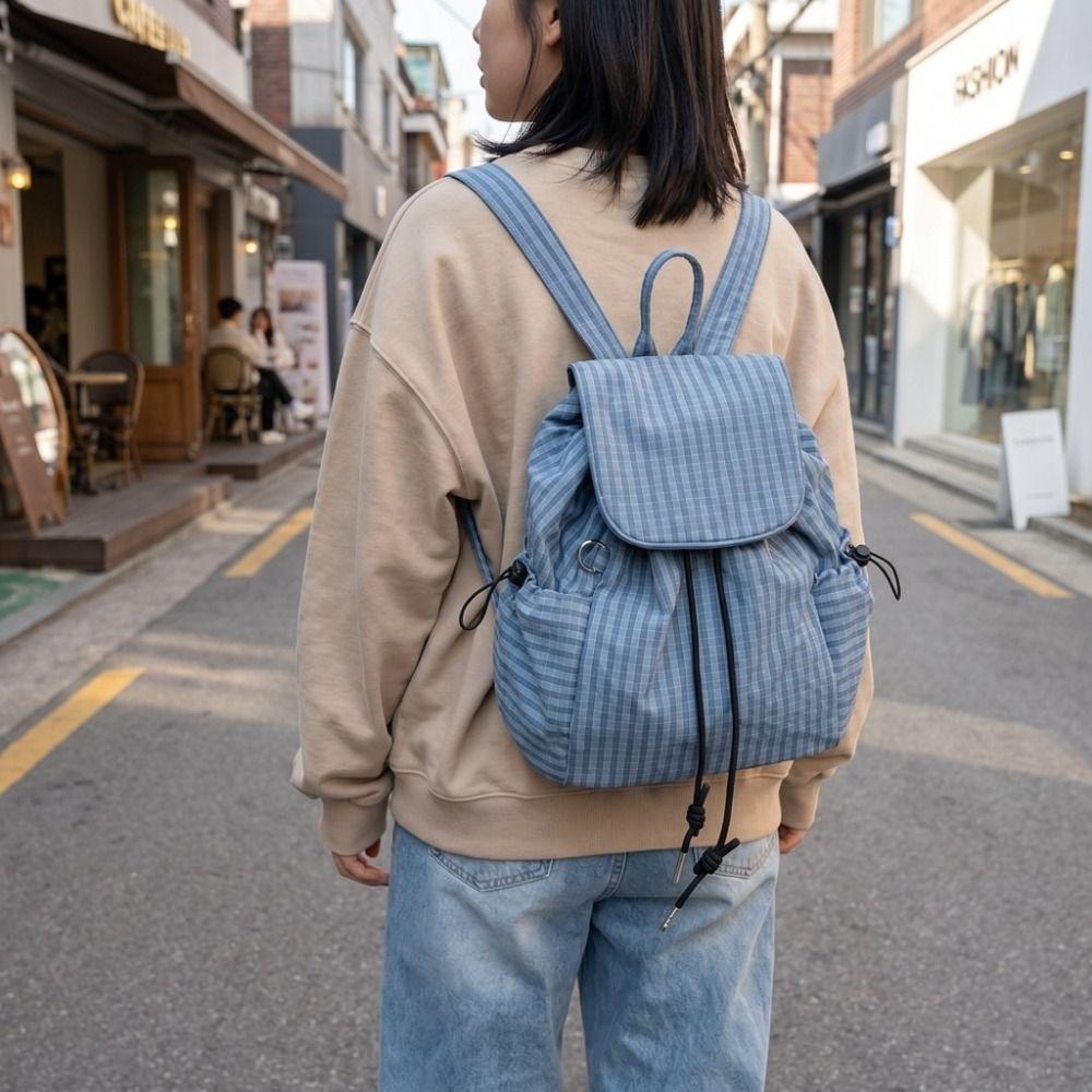 Korean Drawstring Backpacks Solid Color Student Schoolbag Stylish Plaid Nylon Backpacks Men Women