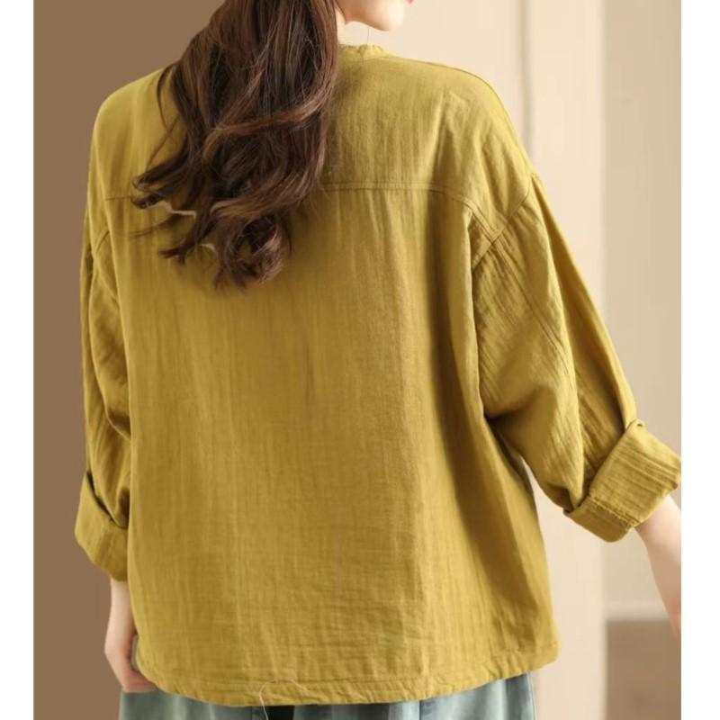 Johnature Женская осенняя однотонная повседневная свободная рубашка с длинными рукавами в стиле ретро, однобортная рубашка с круглым вырезом в винтажном стиле