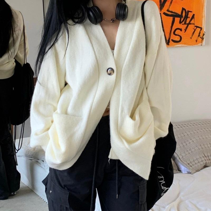 Loose and Lazy Knitted Cardigan Top Women's Autumn and Winter New One-button Soft Waxy Casual Sweater Jacket Top