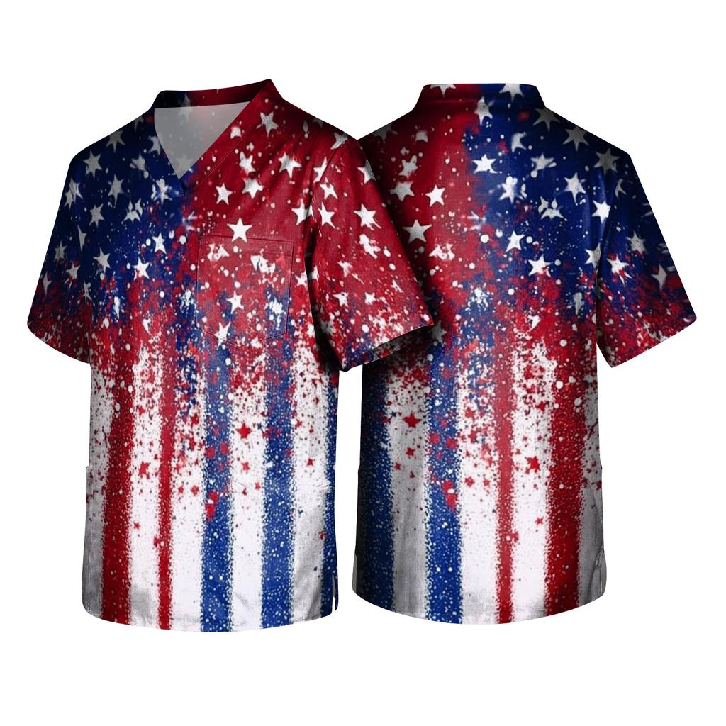 Унисекс Топ для медработников с V-образным вырезом, коротким рукавом, принтом в виде звезд, двумя передними карманами, легкий, удобный крой, для рабочей униформы