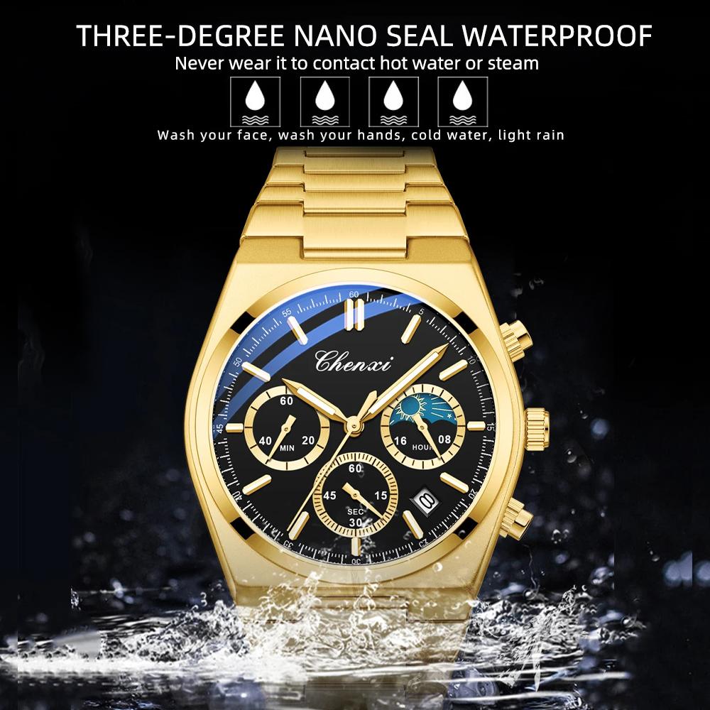 Модные часы-хронограф для мужчин, роскошные водонепроницаемые светящиеся часы с датой, золотые кварцевые мужские наручные часы Reloj Hombre