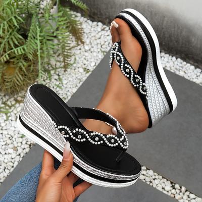 Женские клиновые сандалии со стразами - Летняя пляжная обувь, Нескользящие, Легкие, Удобные, Искусственная отделка с резиновой подошвой, Открытый носок, Сандалии с ремешками