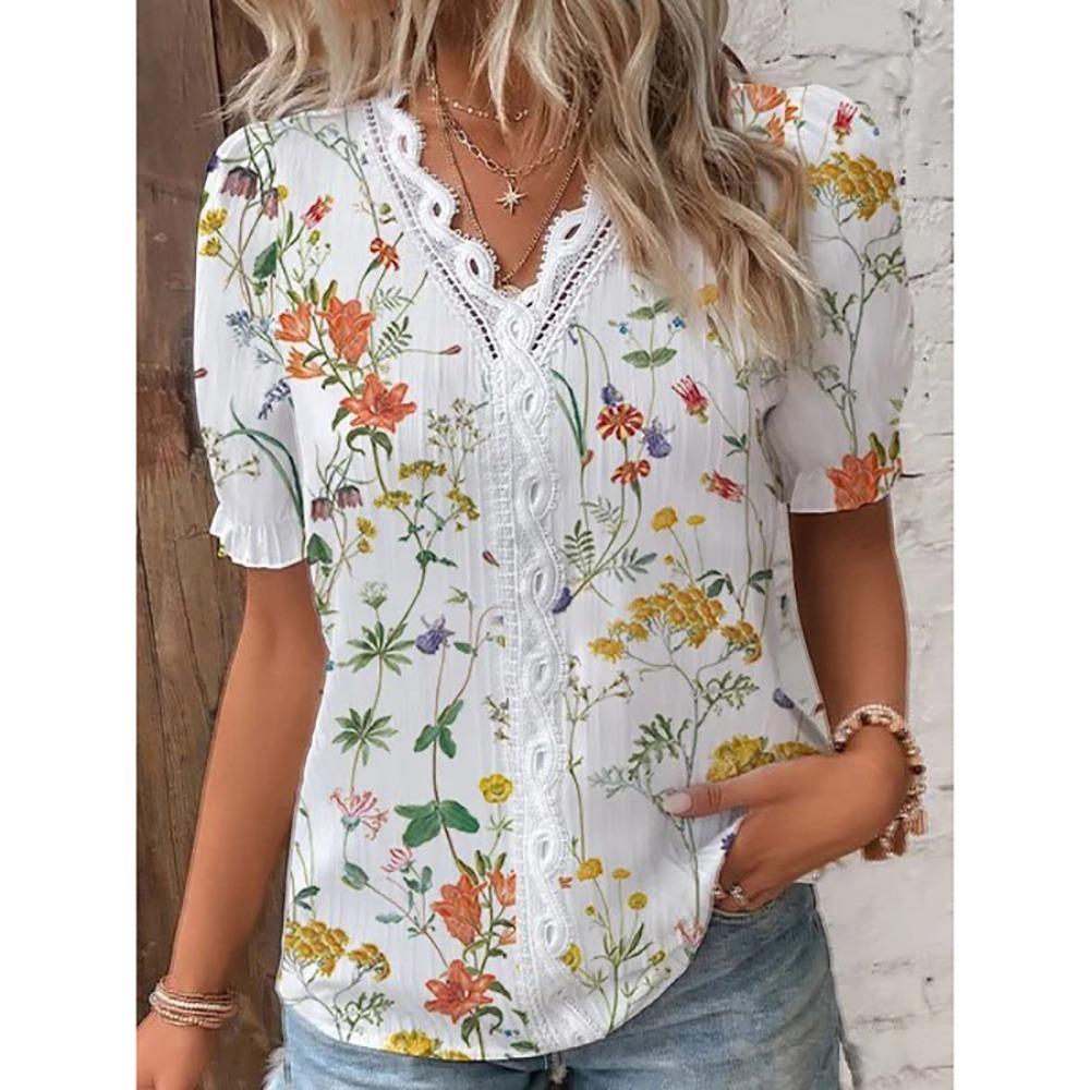 Summer V Neck Short Sleeve Lace Patchwork Blouse Women's Floral Print Tops