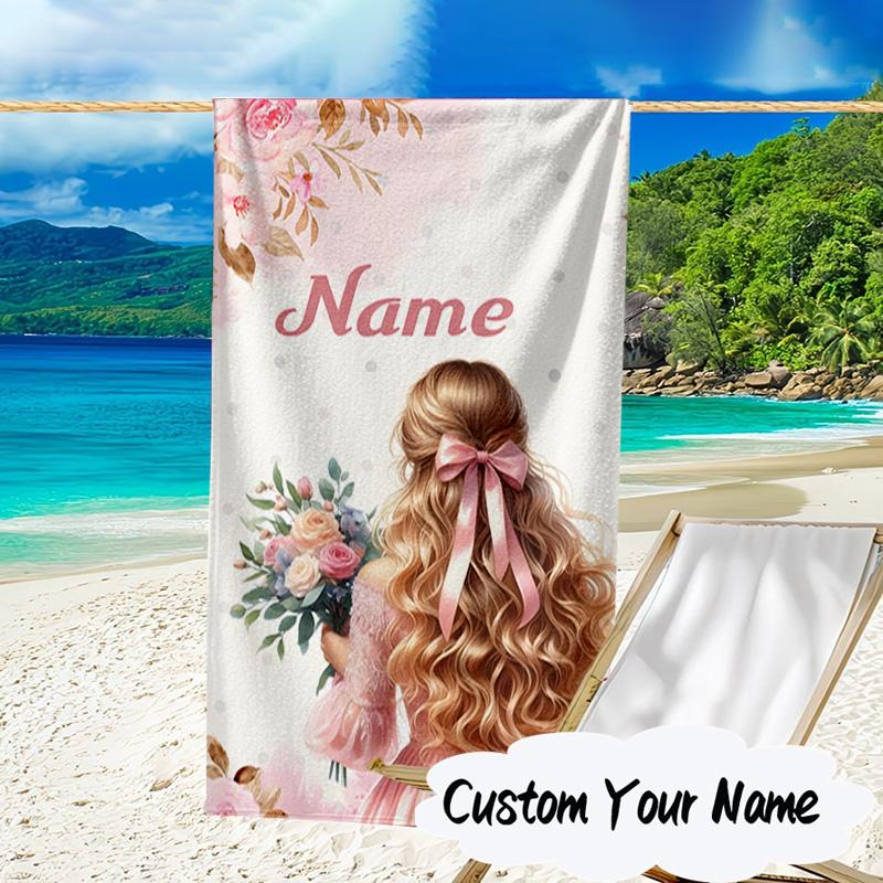 Custom Name Floral Princess Microfiber Beach Towel Super Soft & Absorbent for Bath, Beach, Travel Bath Time Accessory, Fan gifts