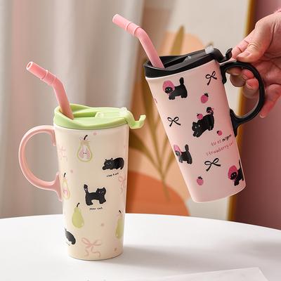 Милая кошка Высокая чашка Девичья чашка с крышкой Повседневная чашка Керамическая кружка с соломинкой Подарок на день рождения Стиль